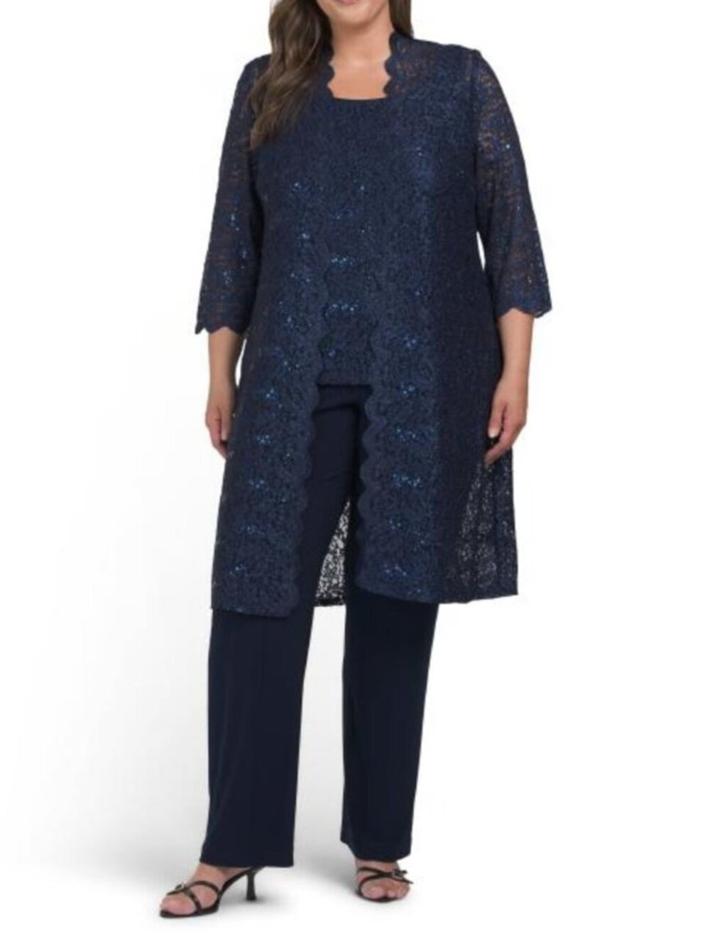 R&M RICHARDS Plus 3pc Scalloped Lace Duster Tank And Pants Set